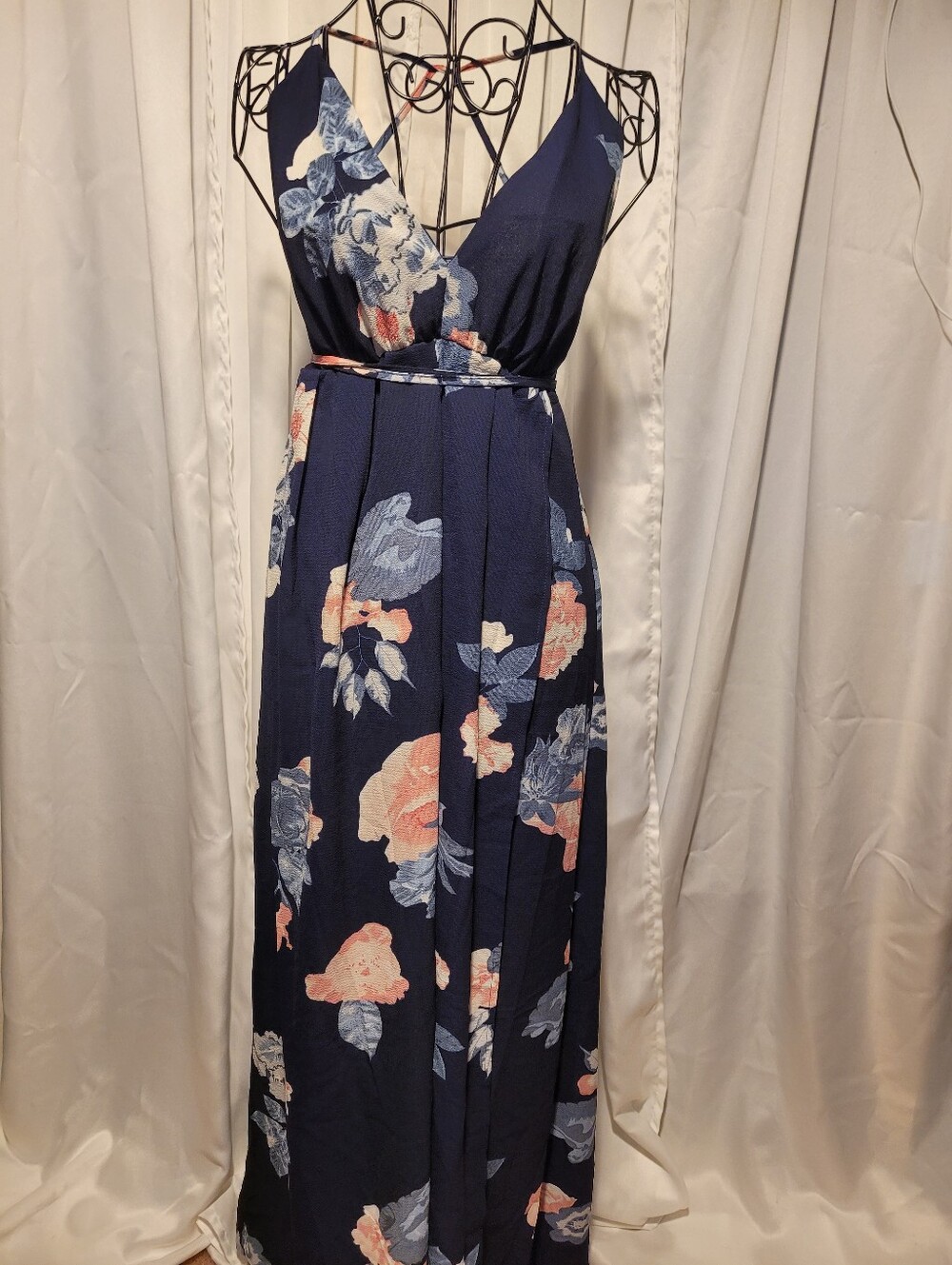 Simple Navy Floral V-Neck Maxi Dress with Pink & Light Blue Blooms